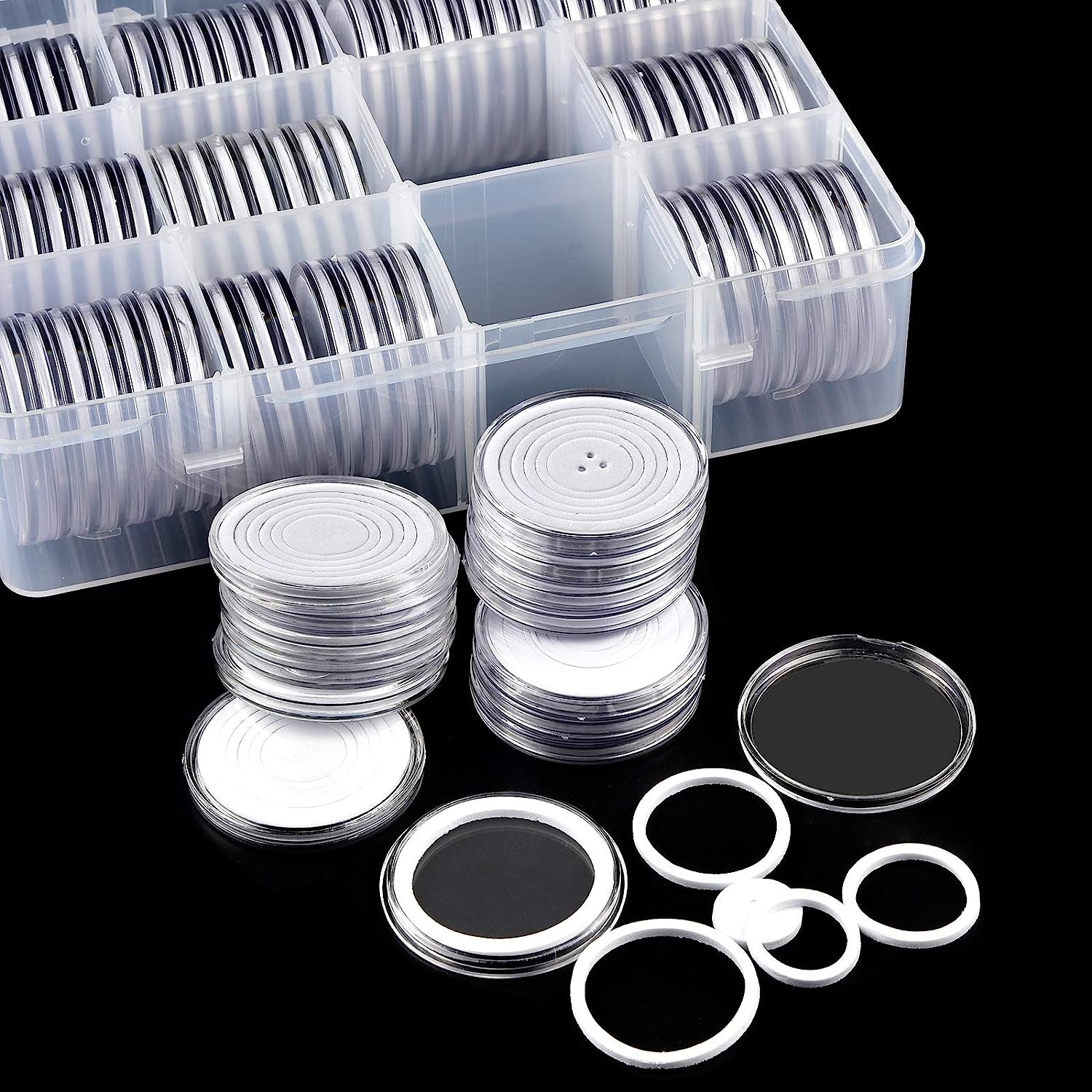 Fullcase Coin Collection Supplies Holders for Collectors, 84 Pieces 46mm Coins Capsules with Foam Gasket and Plastic Storage Organizer Box, 6 Sizes