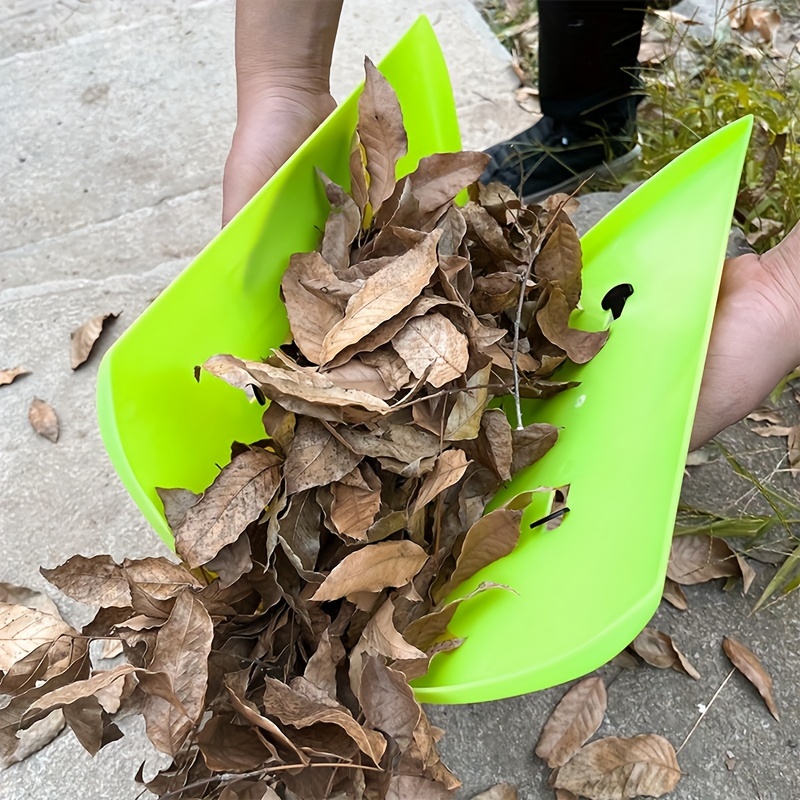 Un carriola da giardino e un rastrello in metallo si trovano vicino a un  mucchio di foglie cadute e di erba secca in un giardino d'autunno contro un  prato verde. Spazio di