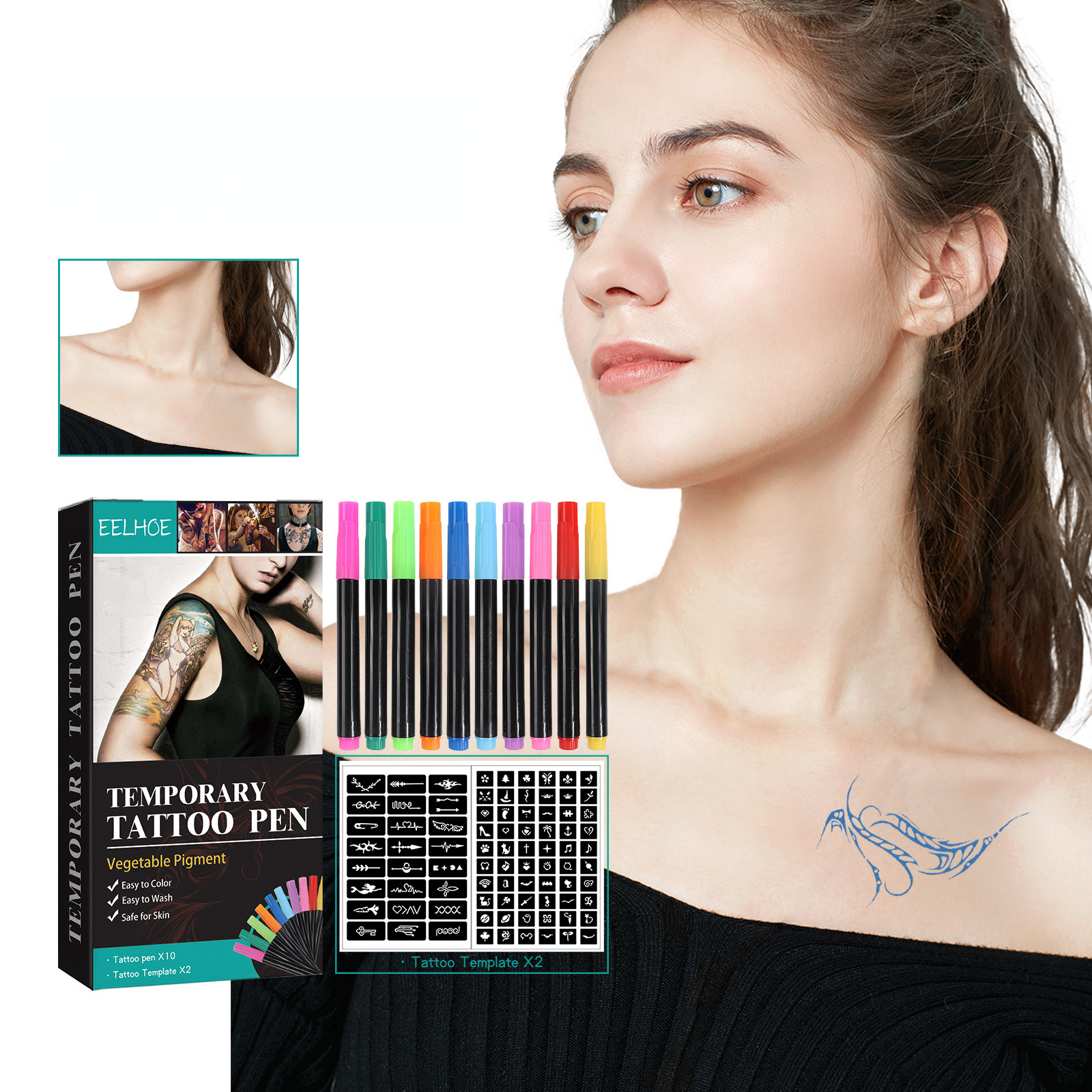 Temporary Tattoo Pen Set With Tattoo Templates Tattoo - Temu