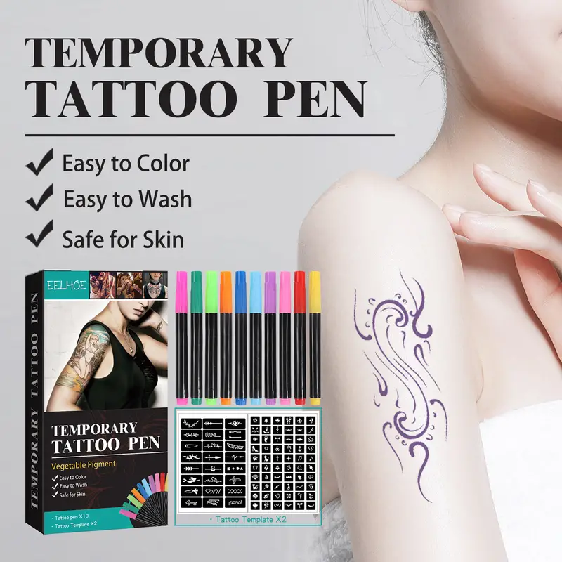 Temporary Tattoo Pen Set With Tattoo Templates Tattoo - Temu