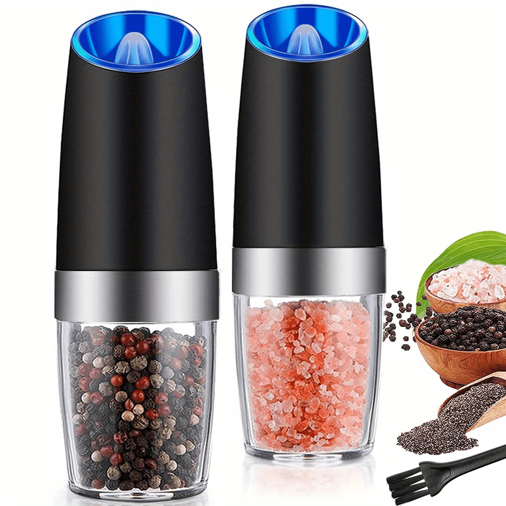 Battery Operated Salt and Pepper Grinder Set, Electric Salt Grinder with  Storage Base, One Hand Automatic Operation, Stainless Steel Black 2 Pack