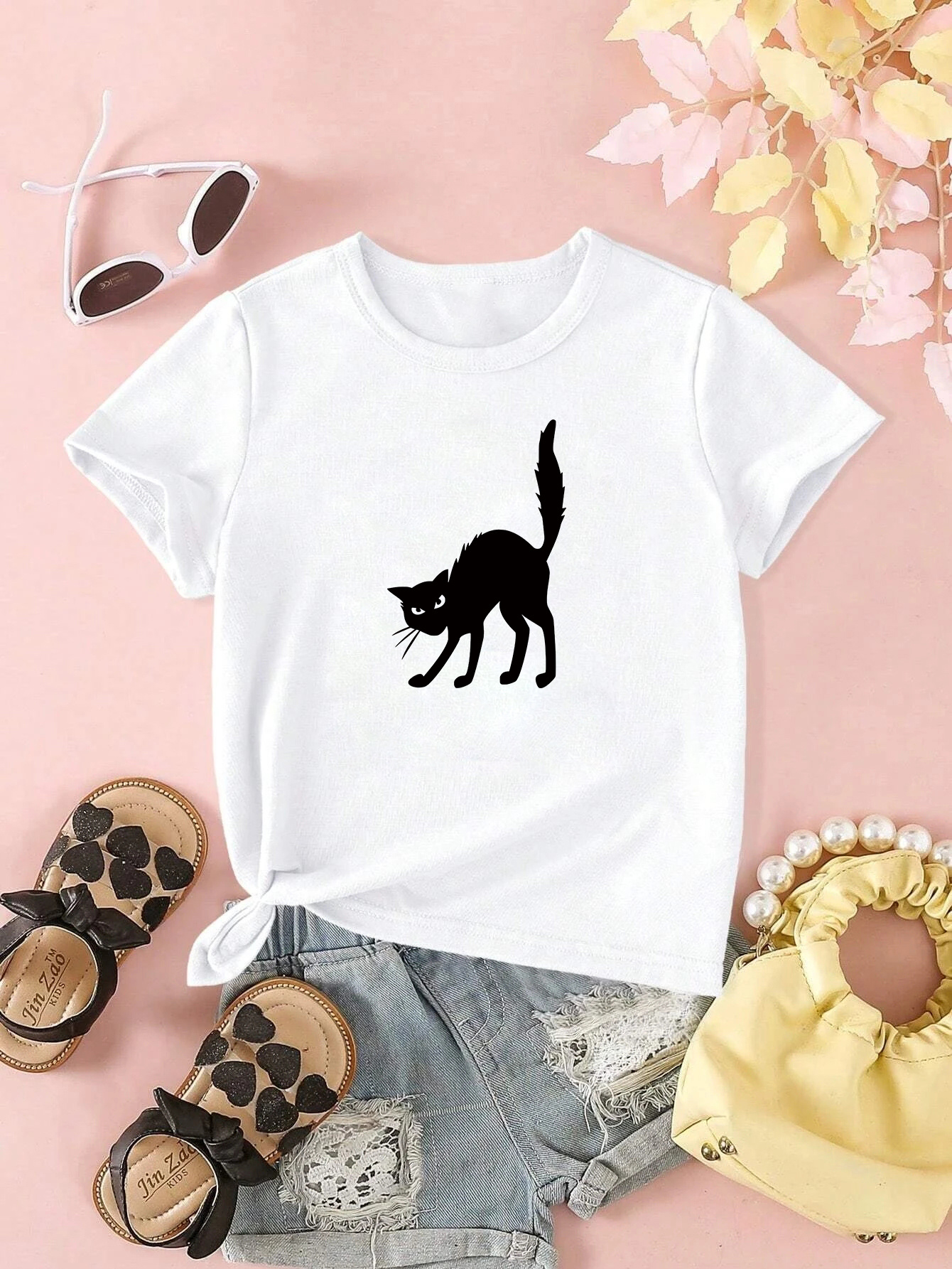 Girls Cartoon Black Cat Graphic Short Sleeve T-shirt Comfy Fit