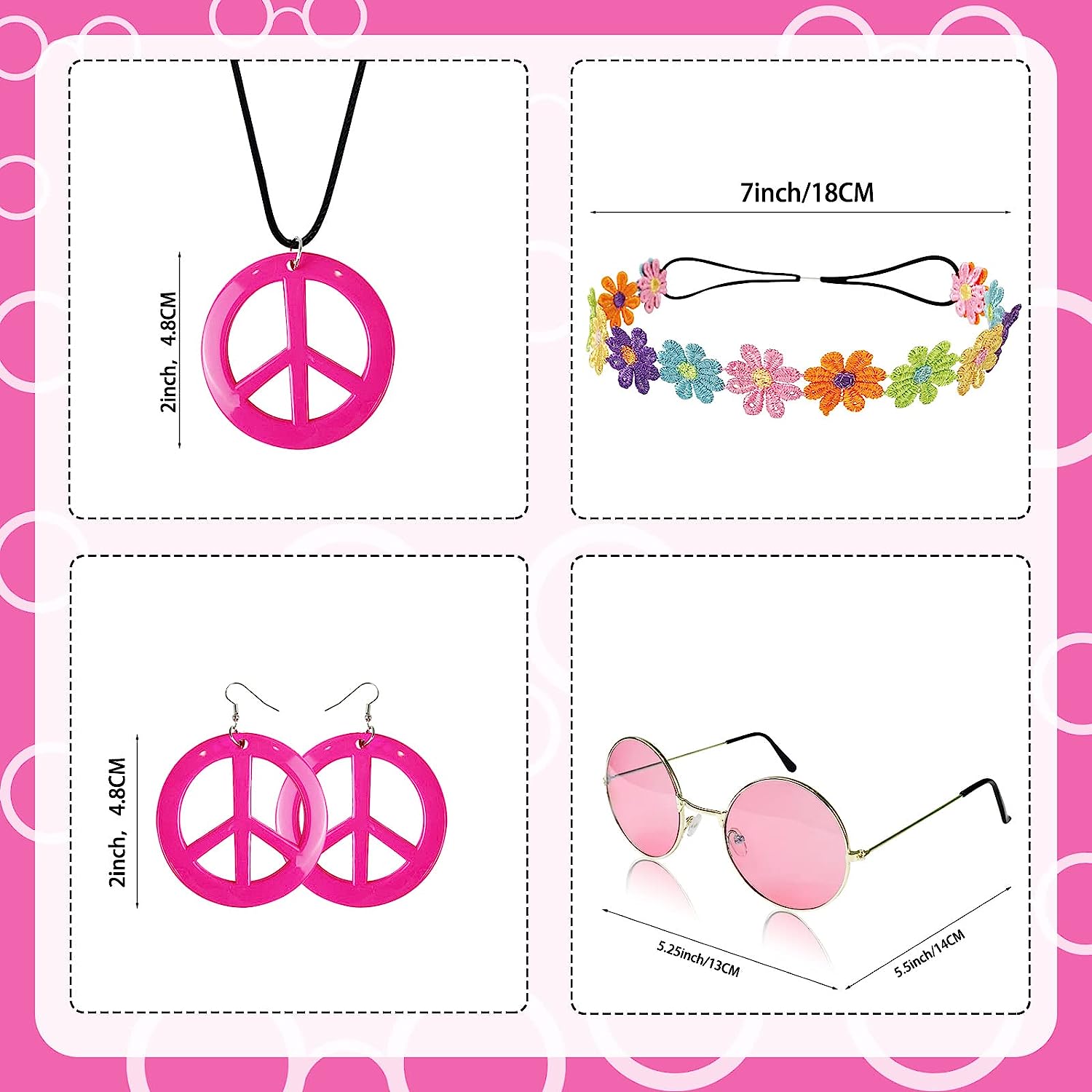 Set, Hippie Costume Set Includes Peace Sign Necklace And Earrings, Flower  Crown Headband And Hippie Sunglasses Y2k 70s Accessories, Stage Performance