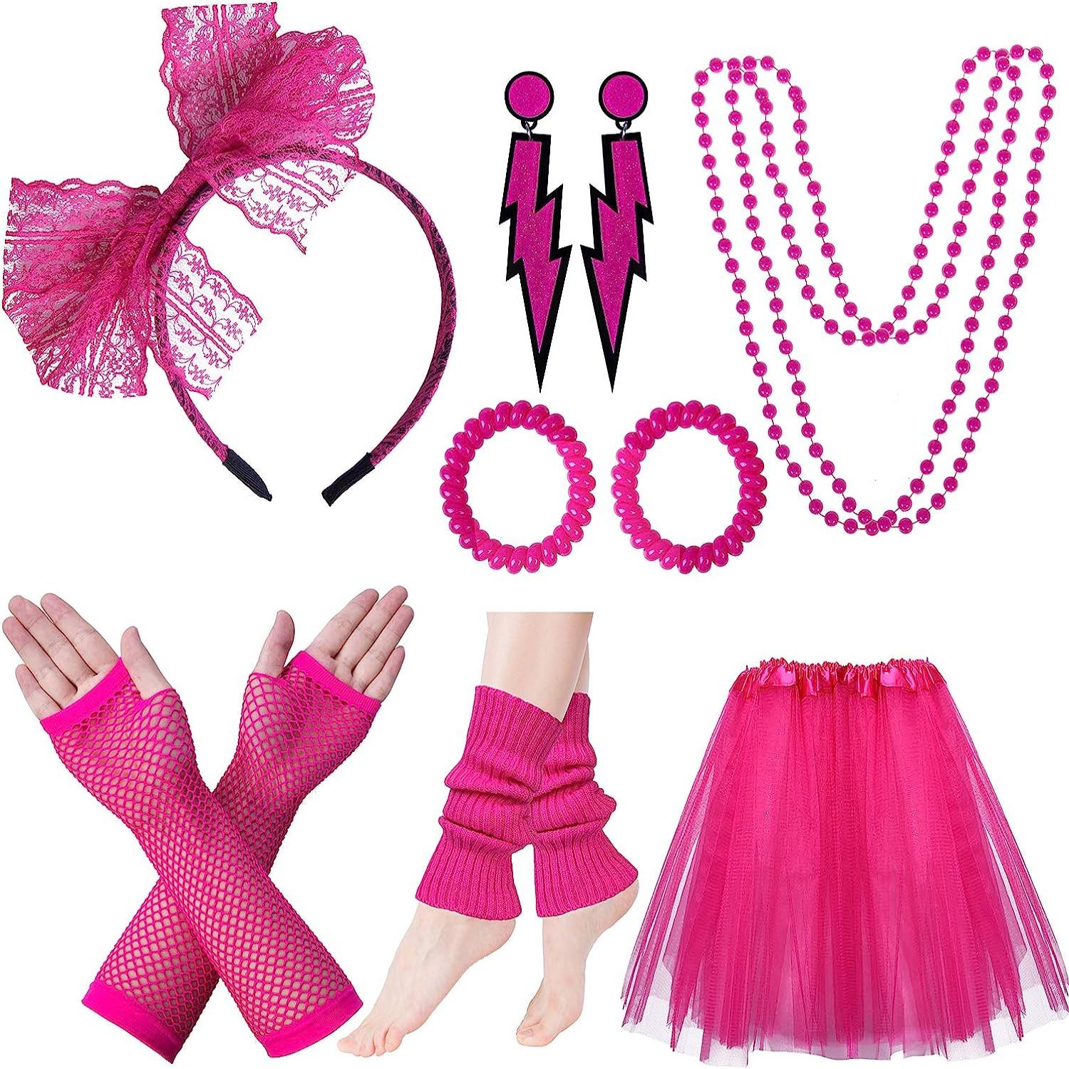 Women's Neon Tutu Skirt, Leg Warmers, Fishnet Gloves & Necklace