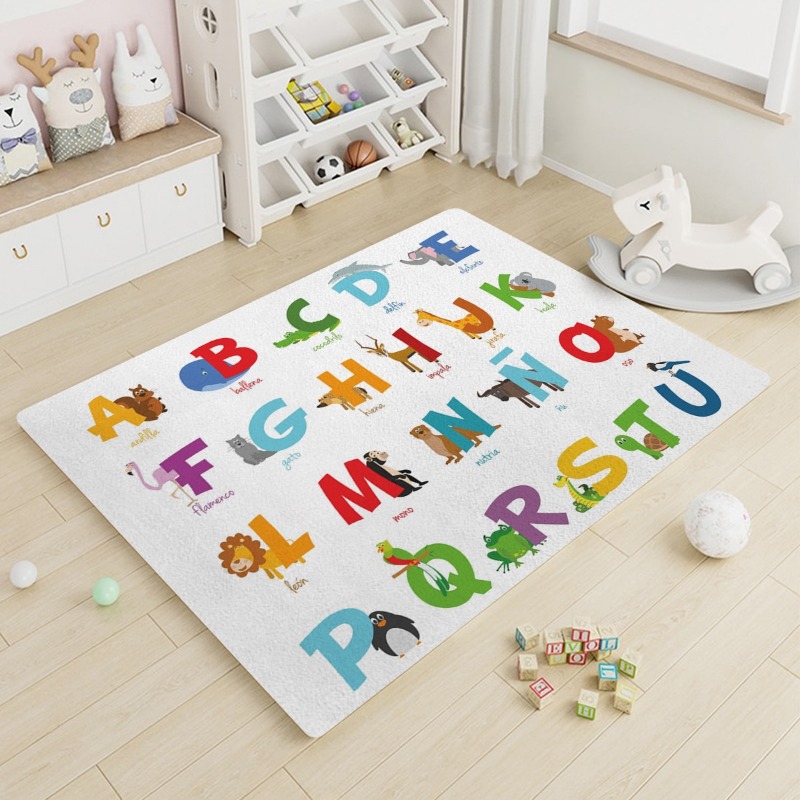 Poowe Alfombra de juego con diseño del abecedario infantil con diseño de  león del abecedario, alfombra redonda y suave antideslizante para el