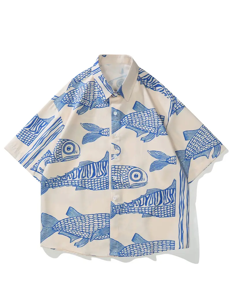 Pop Art Print Lapel Neck Short Sleeve Shirt, Men's Non-Stretch Vacation Summer Retro Fish Pattern Casual Holiday Button Up Shirt,Casual,Temu