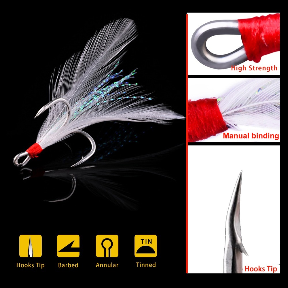 Treble Fishing Jig Hooks With Feather Tackle Stronger Carbon Steel