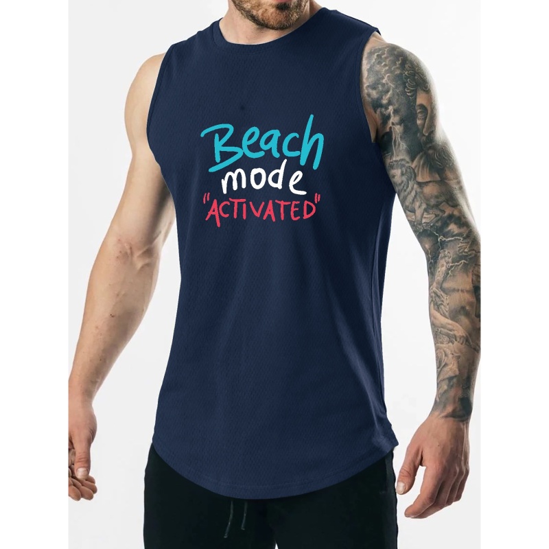 

Men's Stylish Tank Top, "beach Mode Activated" Graphic Print Sleeveless Tees For Sports/fitness, Plus Size