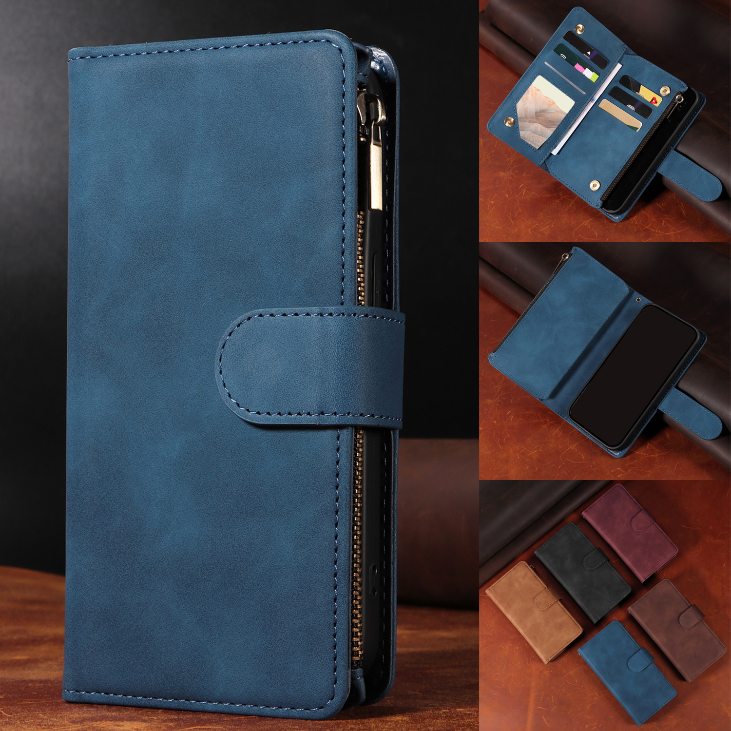 Luxury Vertical Magnetic Button Card ID Holder PU Leather Phone Wallet  Case, Dark Blue