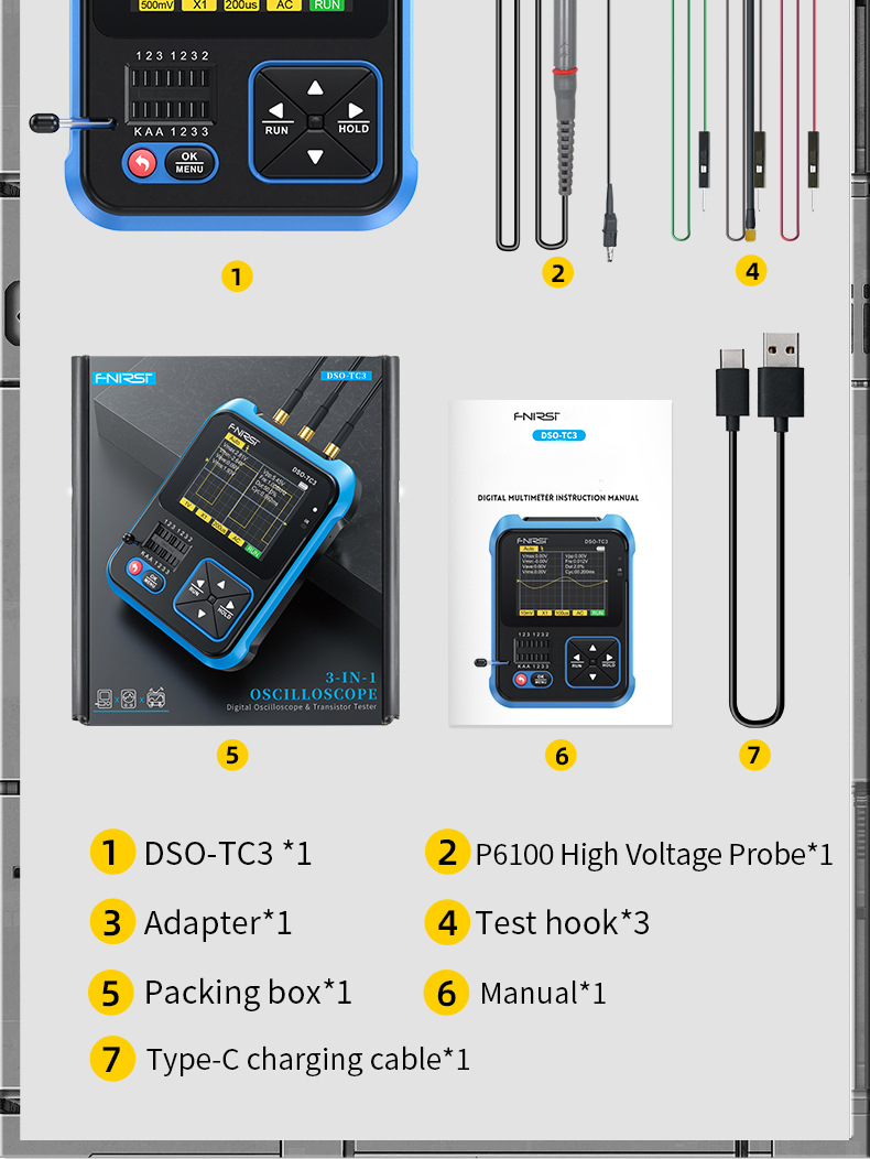 Osciloscopio DSO-TC3 Osciloscopio de mano 3 en 1 Generador de señal DDS  Probador de transistores Osciloscopio portátil 500Khz Ancho de banda  10MSa/s