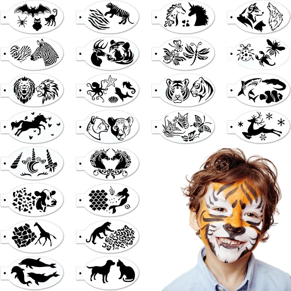68 Pcs Face Paint Stencils Kit, 48 Face Painting Stencils 10 Stickers and  10 Painting Brushes Halloween Mask Stencils Reusable Makeup Templates for