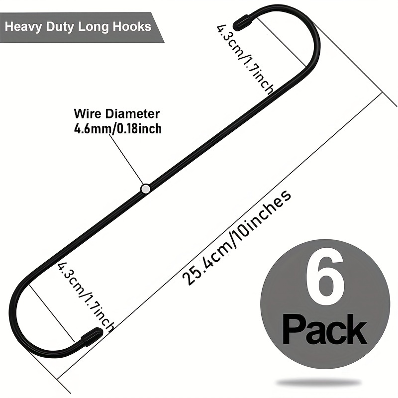 6 Pack 10 Inch Black Heavy Duty Long S Hooks For Hanging Plant Extension Hooks