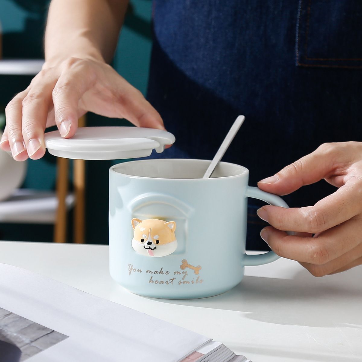 Cute Shiba Coffee Mug With Lid And Spoon Ceramic Coffee Cups - Temu