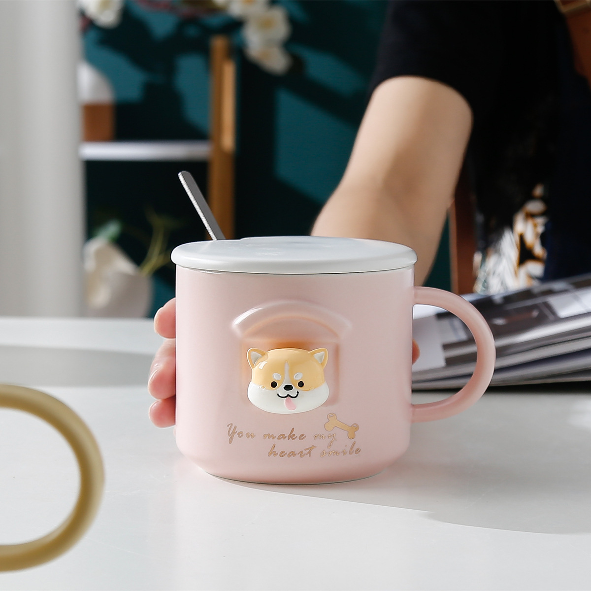 Cute Shiba Coffee Mug With Lid And Spoon Ceramic Coffee Cups - Temu
