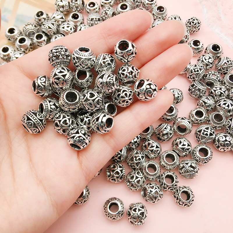 Vintage Style Hollow Round Large Hole Beads Antique Silvery - Temu