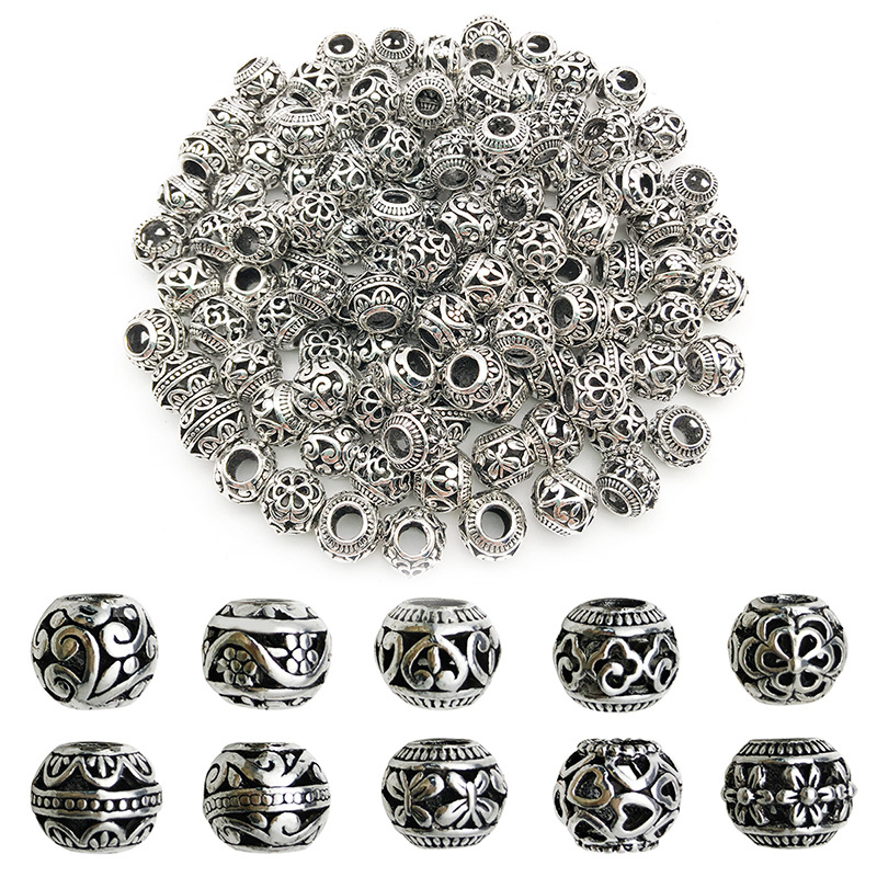 Vintage Style Hollow Round Large Hole Beads Antique Silvery - Temu