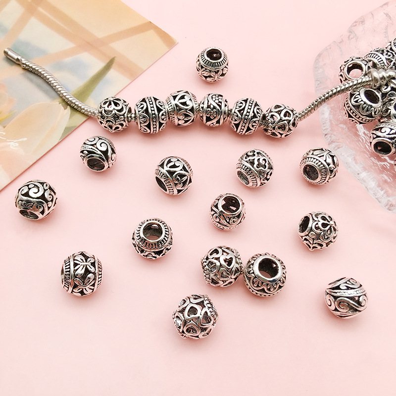 20pcs Vintage Style 9mm Hollow Round Large Hole Beads Antique Silvery  Spacer Beads For DIY Handmade Beaded Bracelet Necklace Crafts Jewelry  Making Sup