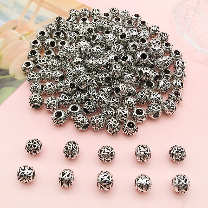 20pcs Vintage Style 9mm Hollow Round Large Hole Beads Antique Silvery  Spacer Beads For DIY Handmade Beaded Bracelet Necklace Crafts Jewelry  Making Sup