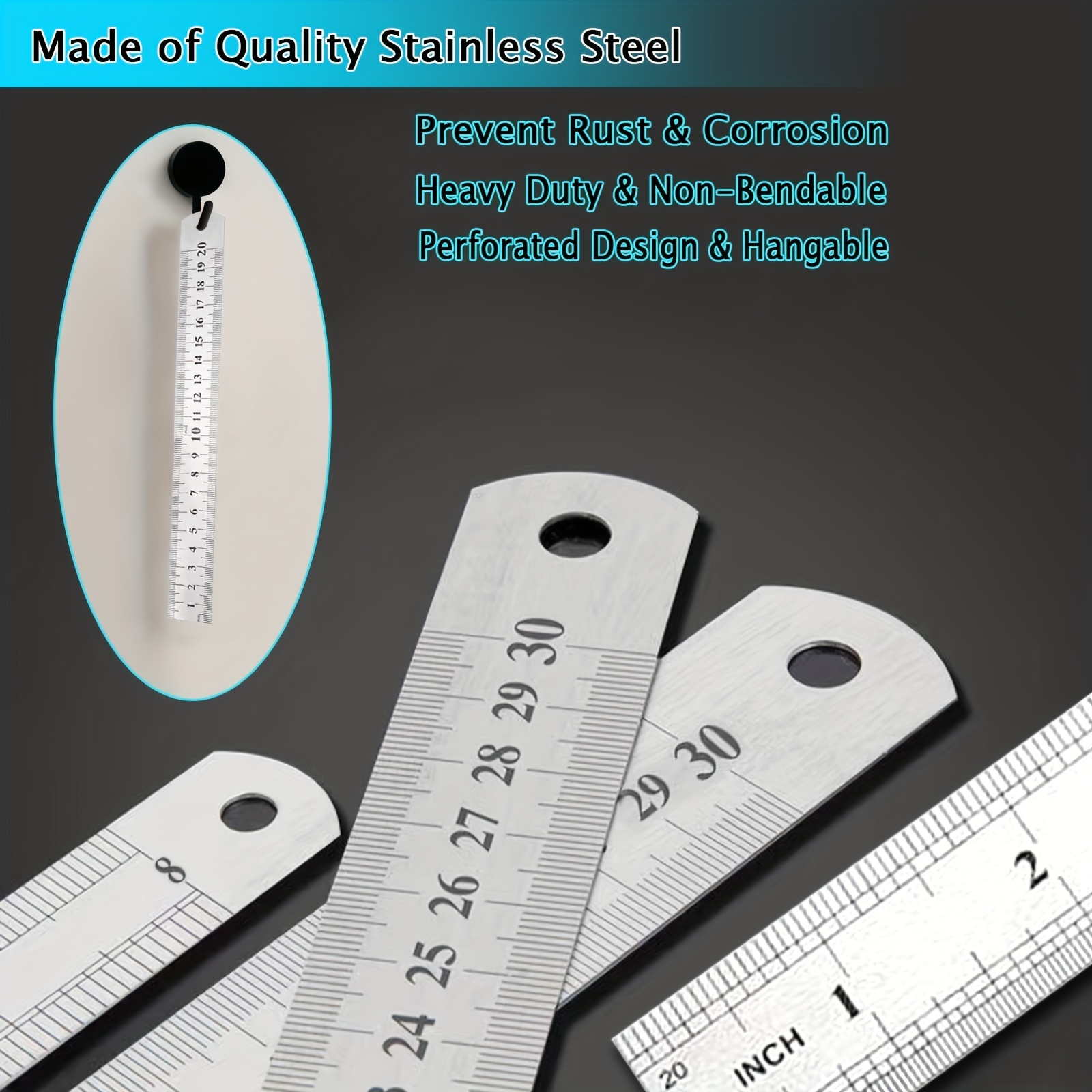 2pcs Stainless Steel Rulers 8 Inch Metal Ruler Metal Ruler 12 Inch