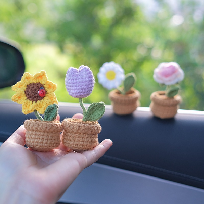 Handwoven Diy Mini Potted Crochet Yarn Sunflower Car - Temu Australia