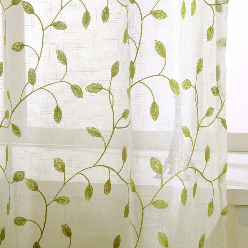 TEMU 1pc, Green Leaf Curtain Embroidered Sheer Curtain Panel For Bedroom Kitchen Breathable Rustic Curtains For Room Home Decoration