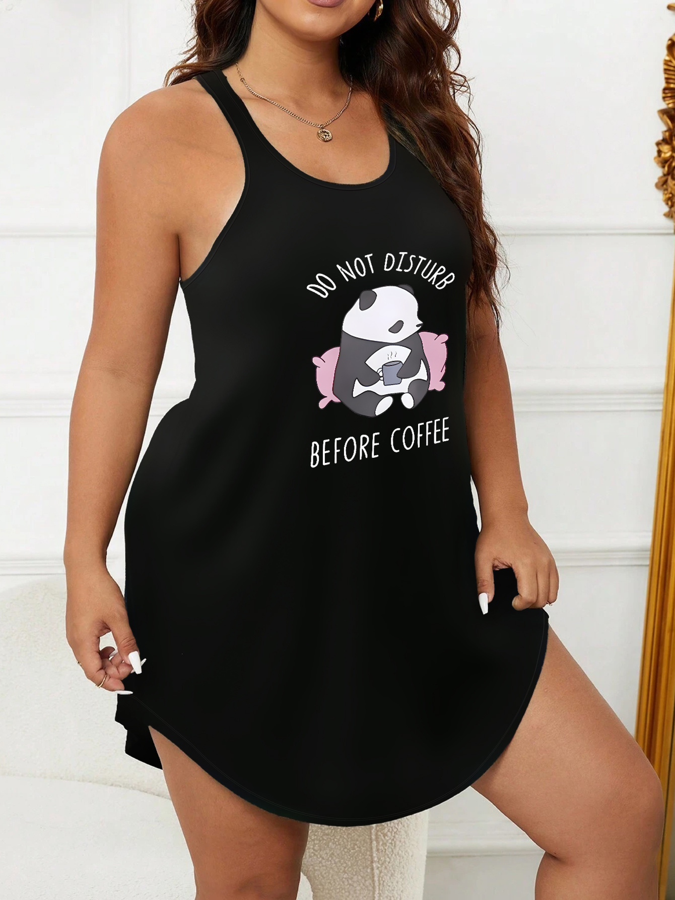 Plus Size Panda & Slogan Print Racer Back Tank Sleep Dress