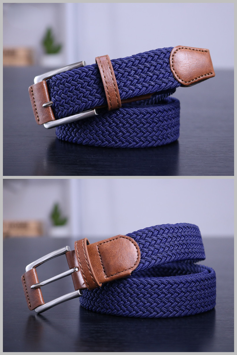 Belts.com Braided Elastic Stretch Belt Casual Weave Canvas Fabric Woven Belt  1-3/8 (BLK/BLU/NVY, S) at  Men's Clothing store