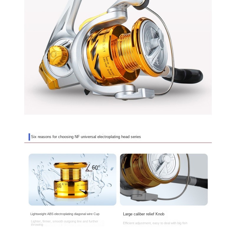 NF7000 Metal Golden Fishing Reel, 5.2:1 Speed Ratio Aluminum Alloy Spinning  Wheel For Sea Fishing, Fishing Supplies
