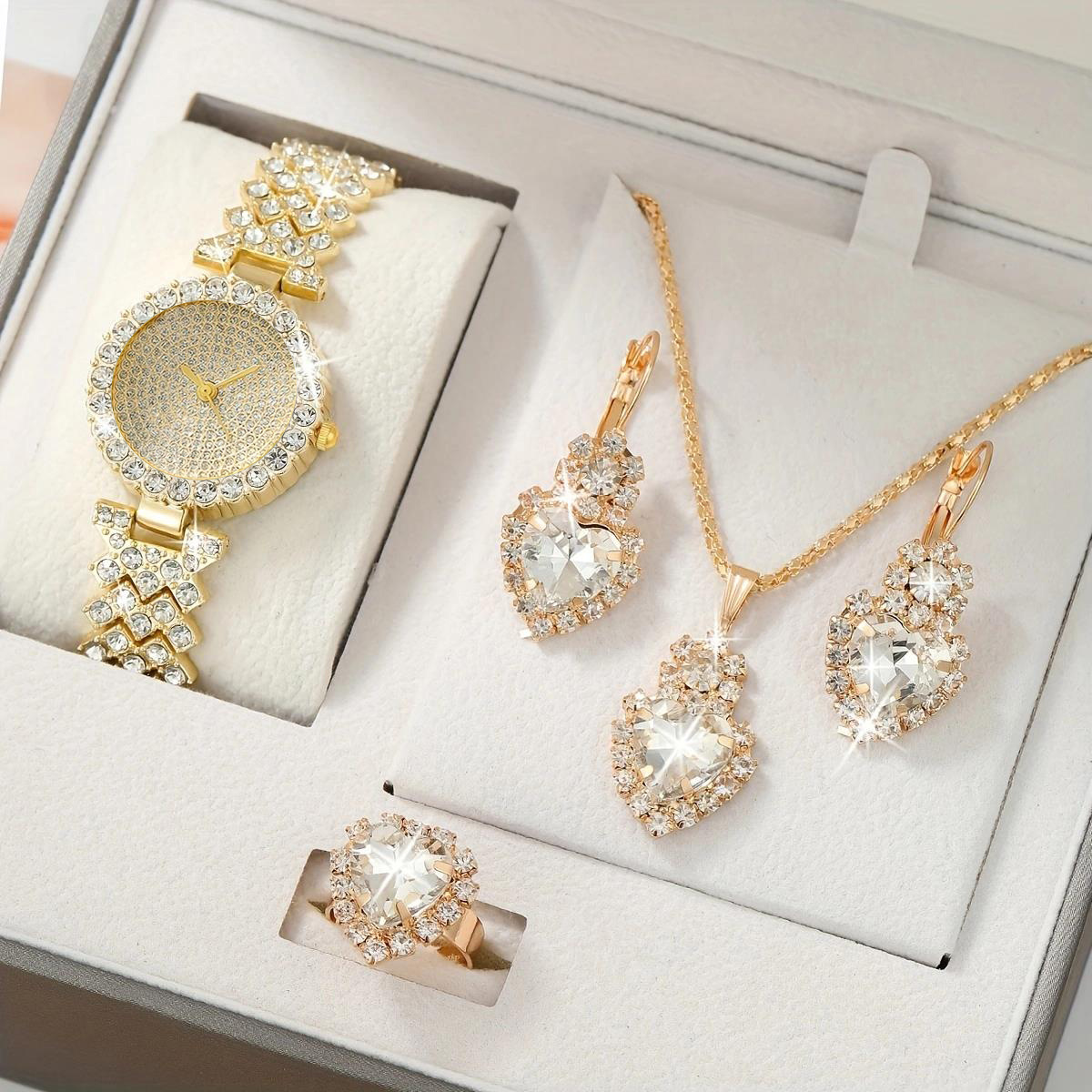 Jewelry Gift Set 5pcs Luxury Watch Necklace Earring Ring Set For Ladies