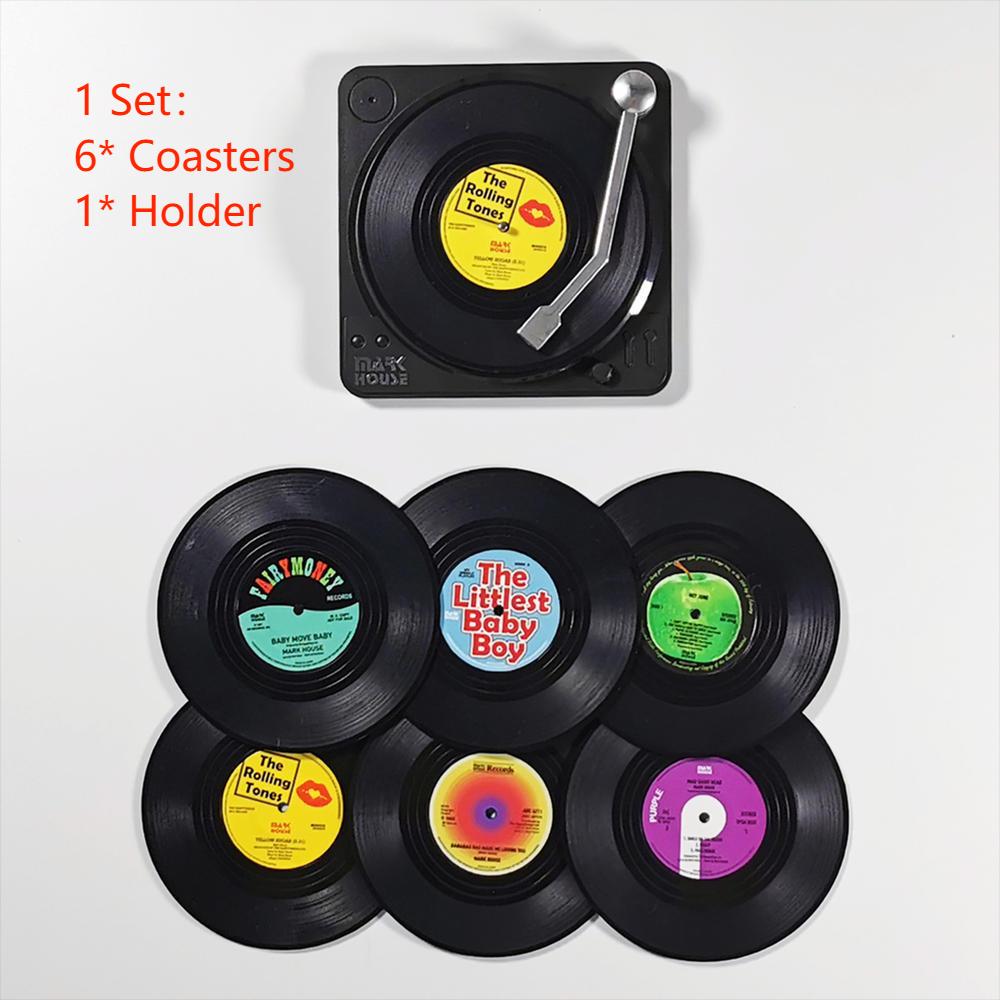 Set of 6 Vinyl Coasters for Drinks Music Coasters with Vinyl Record Player  Holder Retro Record Disk Coaster Mug Pad Mat Creative Decoration for Bar