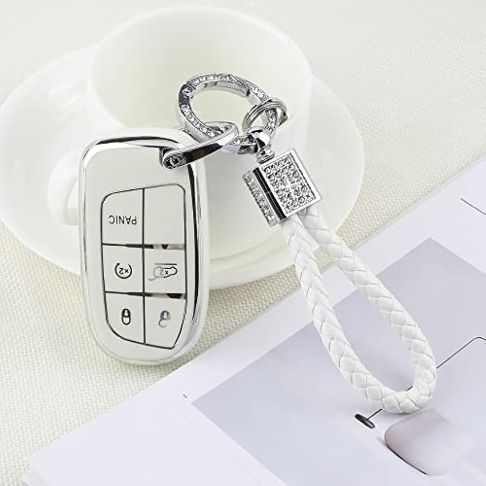 for Jeep Key Fob Cover Keycover Soft TPU Keys Shells Keychain Full Covers  Protector Case Cute White Compatible with Jeep Grand Cherokee Compass