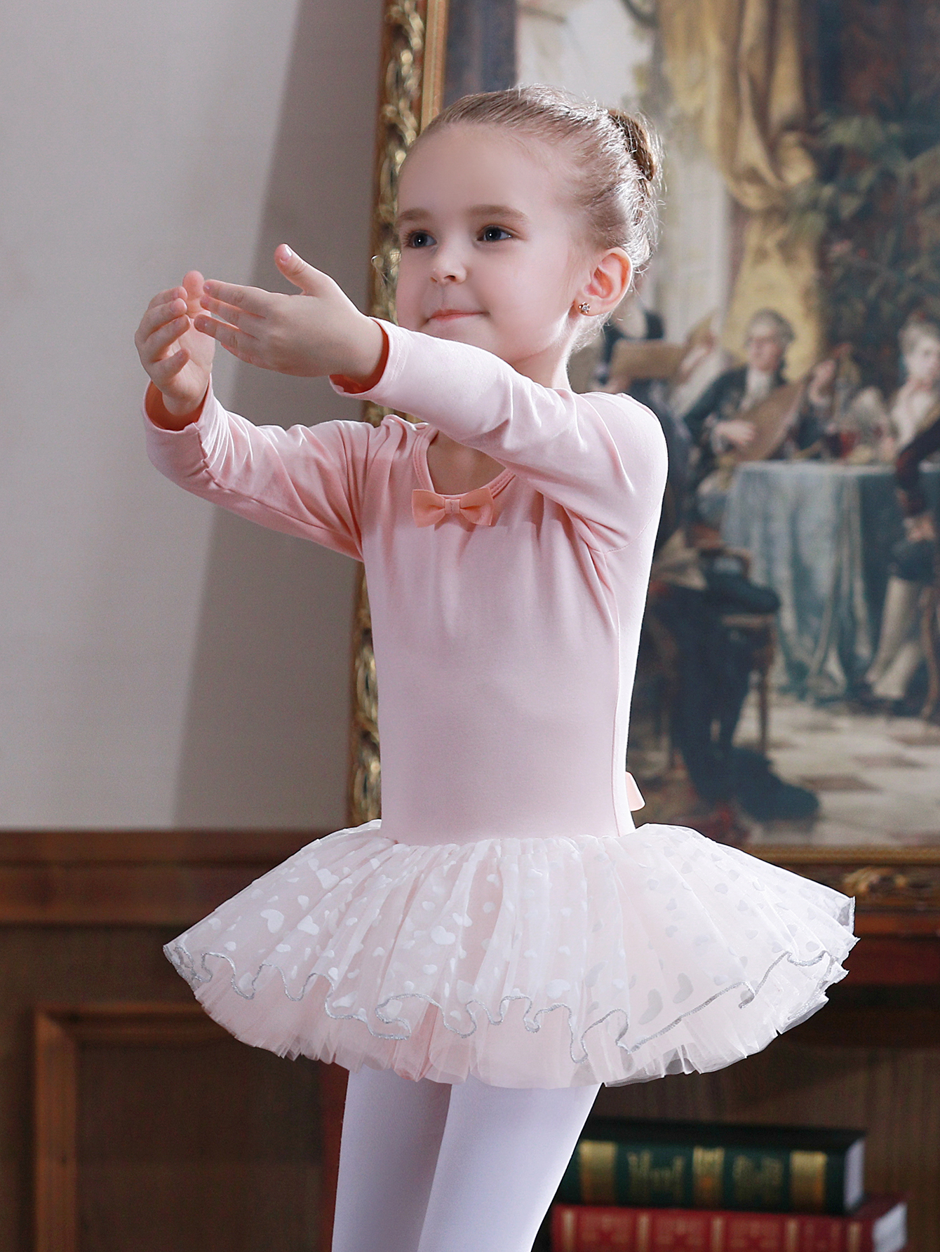 Vestido de ballet de manga larga de encaje de lazo de niña con tutú de tul  de malla para práctica y actuación