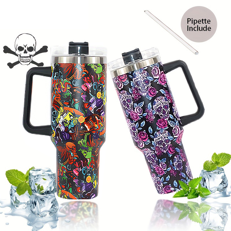 Flower Skull Tumbler With Lid And Straw, Stainless Steel Insulated Water  Bottle With Handle, Portable Drinking Cups, For Car, Home, Office, Summer  Drinkware, Travel Accessories, Birthday Gifts, Halloween Gifts, Day Of The