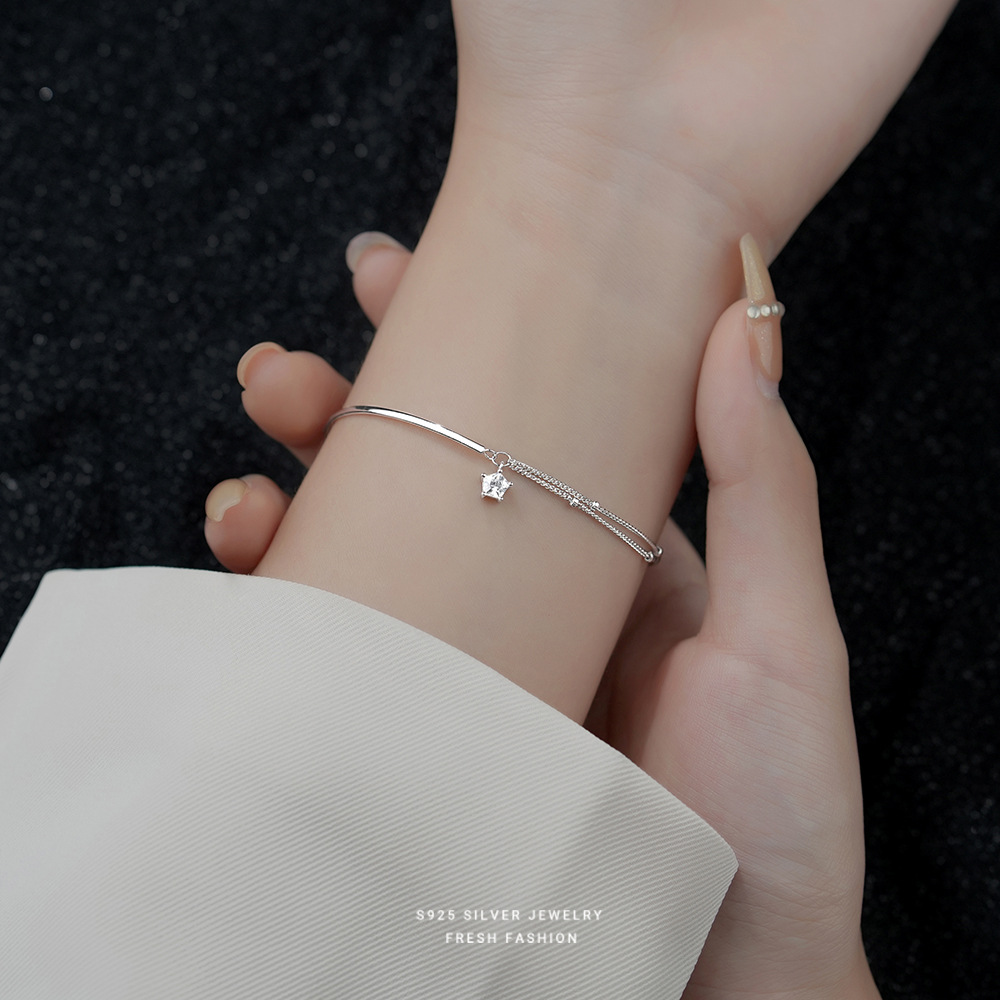 

S925 Sterling Silver Double Layer Round Bead Star Sparkling Pendant Bracelet, Exquisite Eid Al-fitr Holiday Gift For Girls, Cute Mini Jewelry With Gift Box Packaging