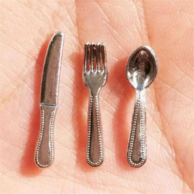 1 Inch Scale Silver Flatware Dollhouse Miniature Set - 12 pieces