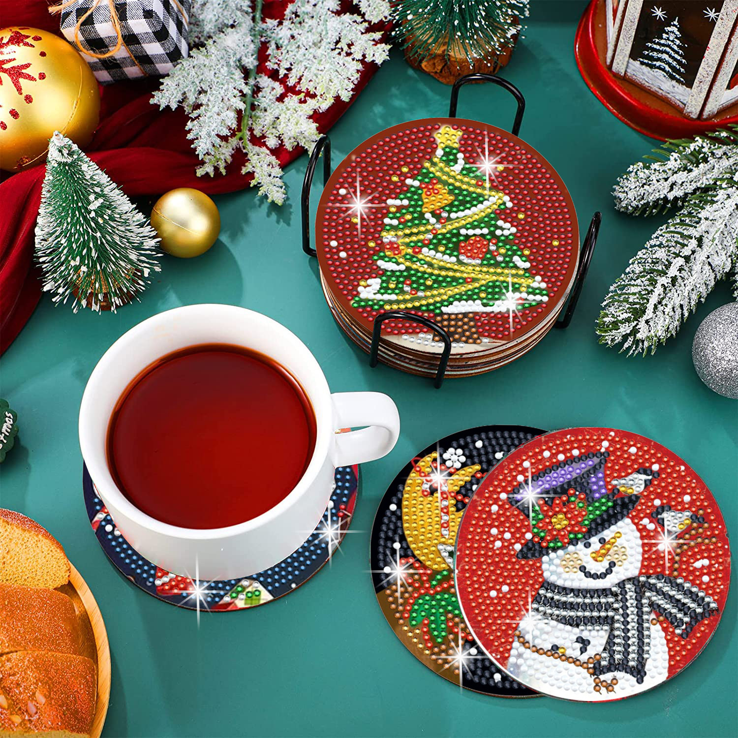 Christmas Coasters (set A) Set of 8 with Holder