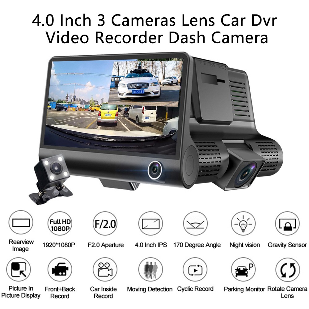 ABS Auto 3 Lenses Dash Cam 2-inch Screen Movement Detection Memory Card  Battery Powered Rechargeable Wide Angle Camera Recorder 