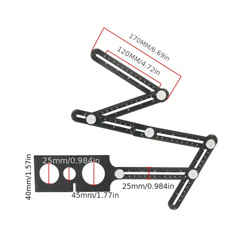 アルミニウム合金マルチファンクション六折り定規、角度ファインダー、ユニバーサルアングラー定規、金属ドリルガイドロケーター、タイル開口部角度