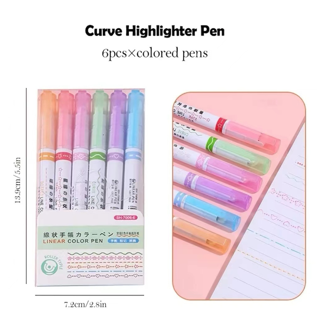 3/6pcs Kids Writing Curve Line Pen Stationery School Supplies Journaling  Colored Pens Note Curve Line Marker Curve Line Highlighter Pen Fine Point  Pen