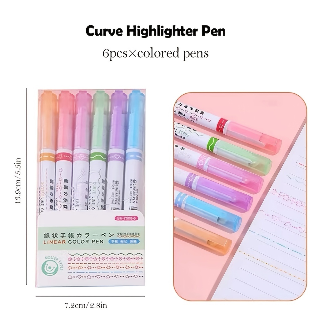 6PCS Curve Highlighter Pen Set, Colored Curve Pens, Highlighter Markers  Assorted Colors for Writing Note Taking Drawing Scrapbook Art Office School