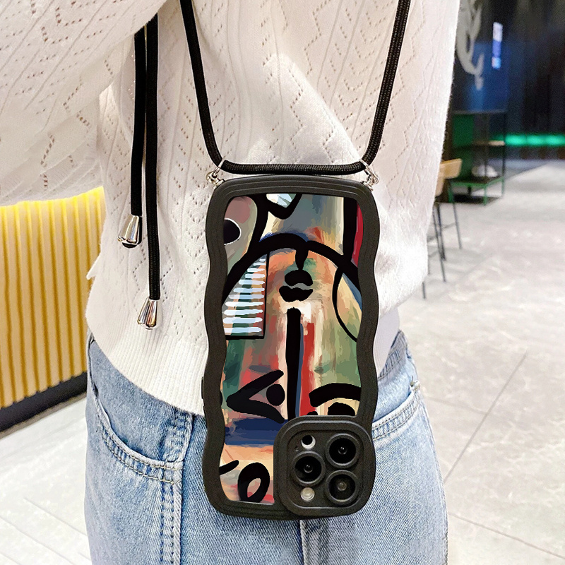 

Strange Face Graphic Pattern Phone Case With Lanyard For Iphone 11 14 13 12 Pro Max Xr Xs X 7 8 Plus Mini Se, Gift For Birthday, Girlfriend, Boyfriend, Or Yourself