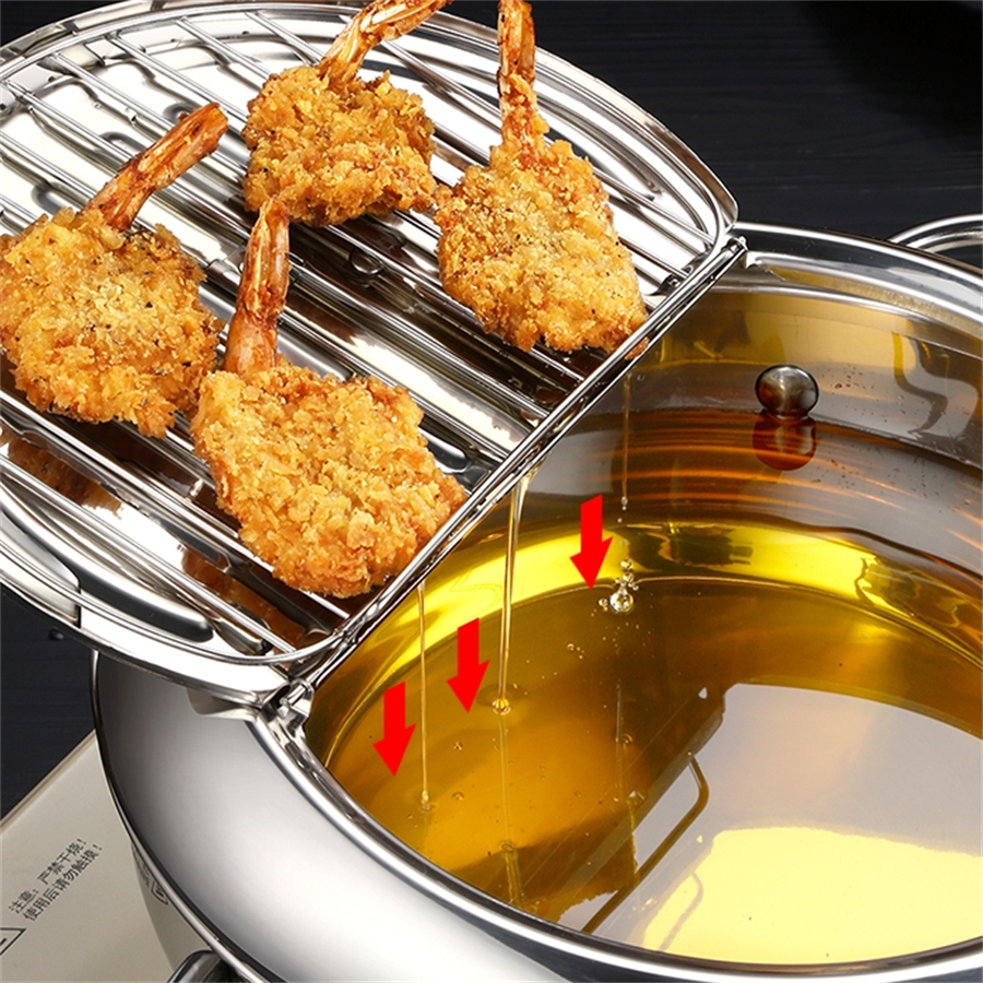 Tempura Deep Fryer Pot with Thermometer & Oil Drainer Rack