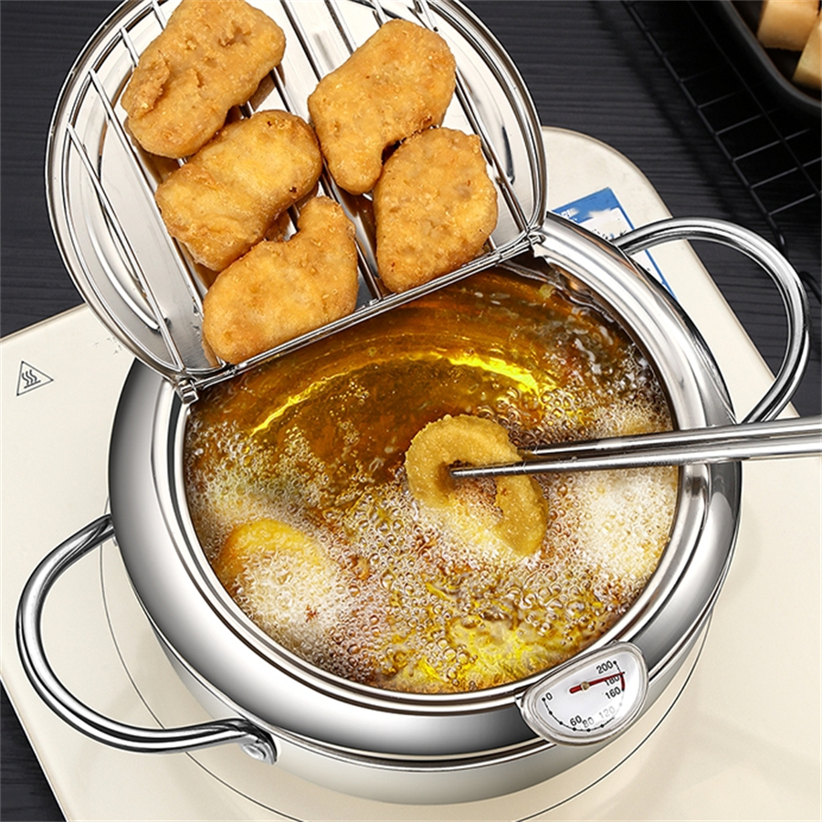 Stainless Steel Deep Fryer Pot, 2.2 L/3.4 L Deep Frying Pot Tempura Frying  Pot with Oil Thermometer Oil Drip Rack for Cooking (2.2 L)