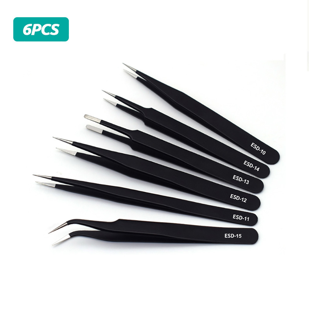 TEMU 6/9/10pcs Anti-static Esd Stainless Steel Tweezers Maintenance Tools Industrial Precision Curved Straight Tweezers Repair Tools