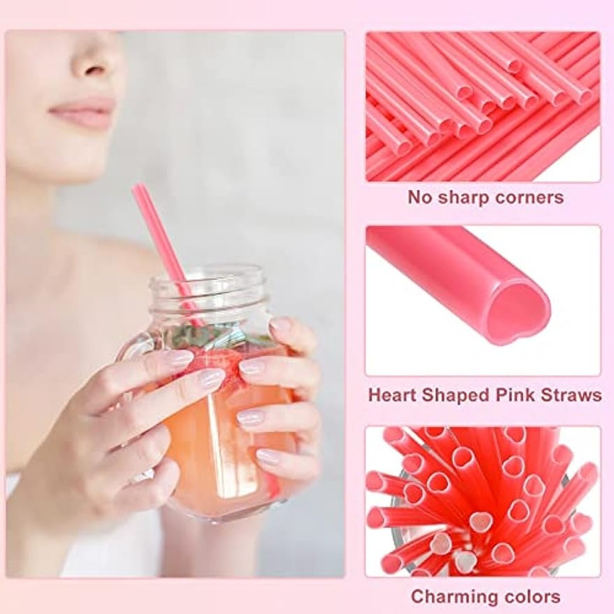 Pink Disposable Plastic Heart Straws, Individually Wrapped Straws, 8.3 Inch  Long 