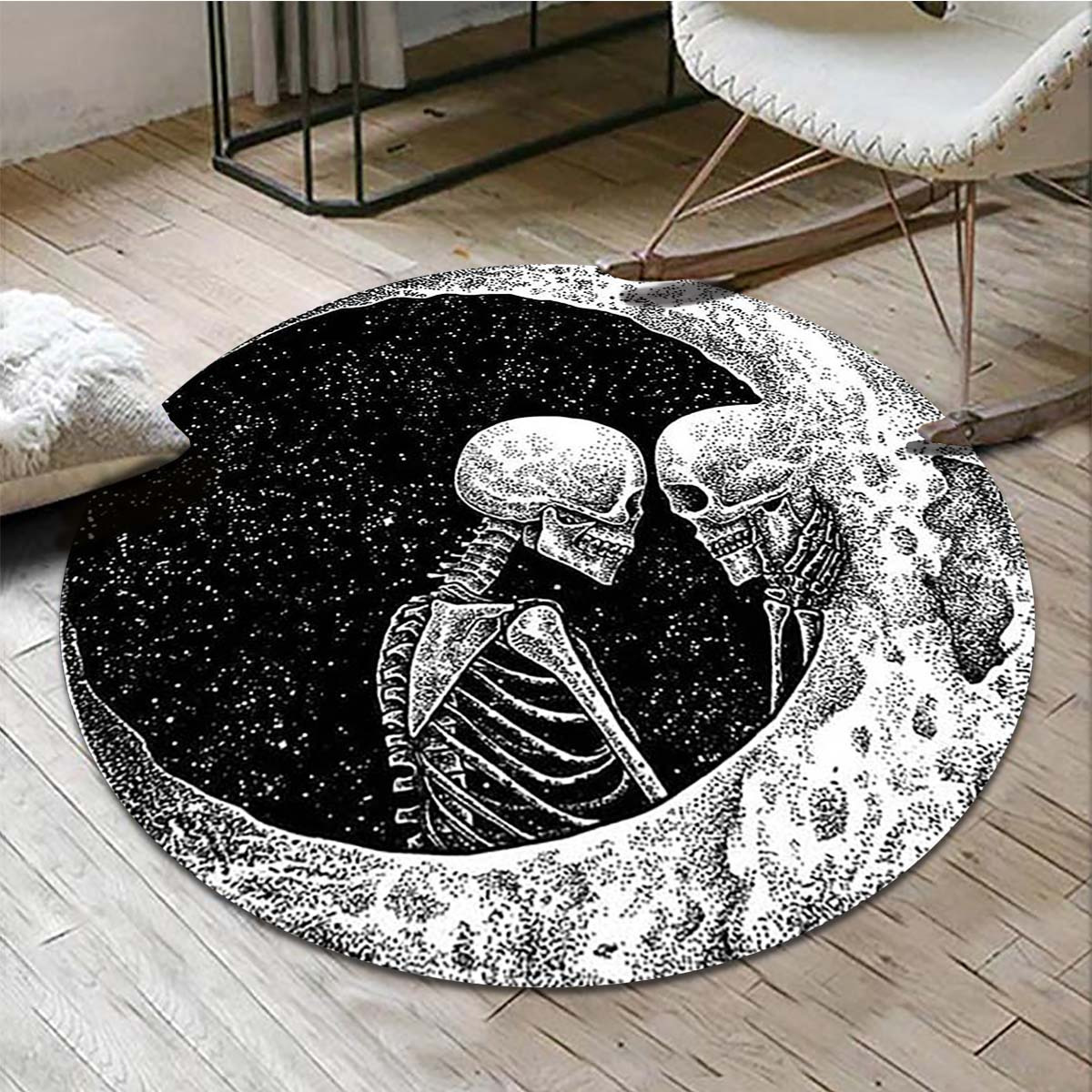 Halloween Round Area Rug Moon Couple Skull Pattern Carpet