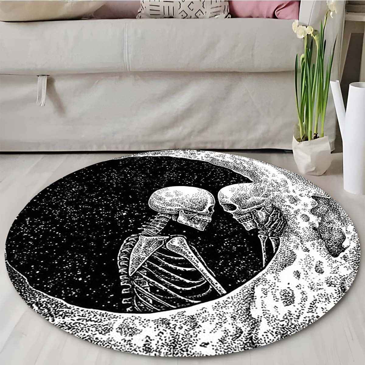 Halloween Round Area Rug Moon Couple Skull Pattern Carpet