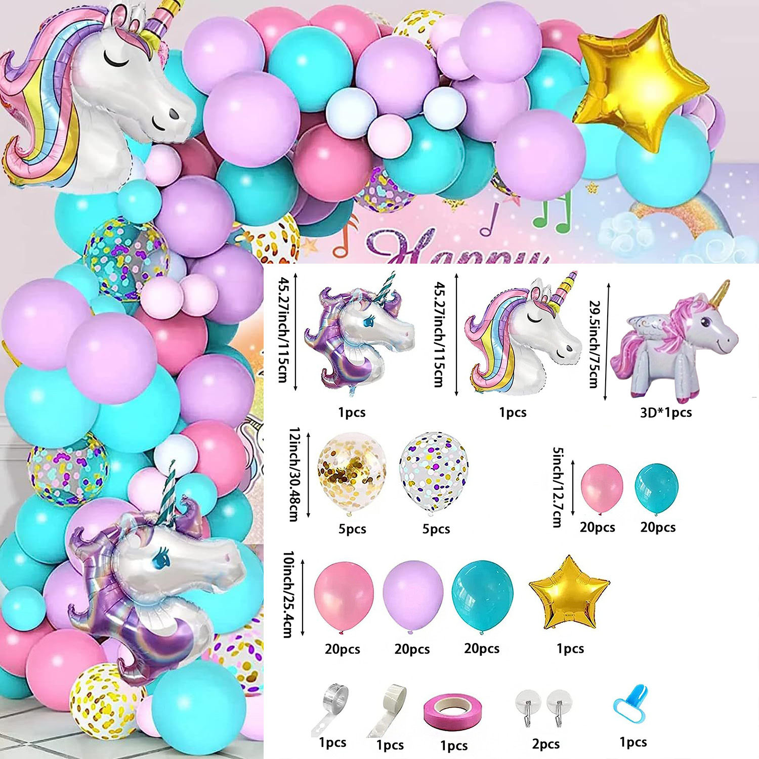 Set di 5 Palloncini per Festa di Compleanno UNICORN