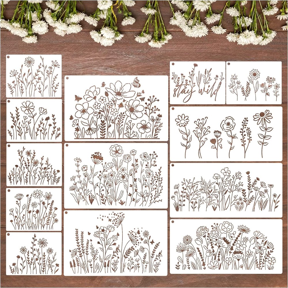 Yamcyh LSHC02-8P Flower Stencils For Painting Flower Stencils Field Plants  Painting Templates Reusable Floral Wild Flower Stencils For Painting O