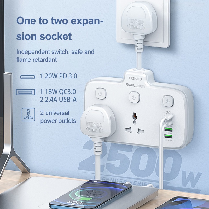 Universal Power Socket, Multi Plug USB with Switch